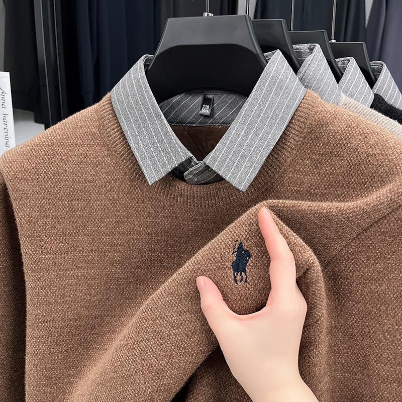 Men s Winter Fashion Knitted Sweater Shirt: Fake Two-Piece, Warm Long Sleeve with Collar XL кофейный