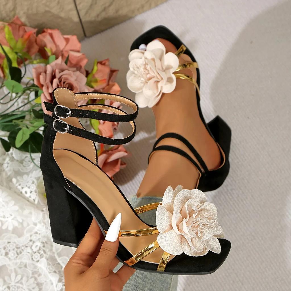 Women Heeled Sandals Wedding Flower Buckle Strap 9.5CM Square Heel Wedding Photography Elegant Women's Shoe Fashion Shoes Pumps
