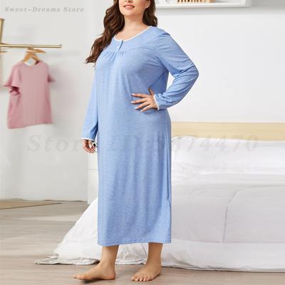 Blue Long Sleeve Nightdress Women's Sweet Lace Edge Nightgown Sleepwear Casual Home Dressing Gown Lounge Wear