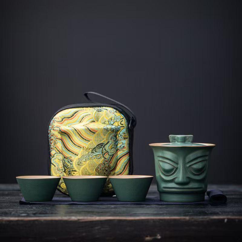 Bronze mask Sanxingdui gift portable travel tea set ceramic merchandise express cup business souvenir