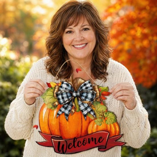 High-definition Printed Pumpkin Fall Welcome Sign, Thanksgiving Door Hanger, Wooden Decor Solid Wood Hanging Porch Sign for Autumn Harvest Farmhouse