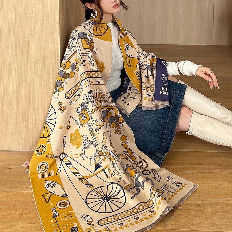 Thickened Double-sided Imitation Cashmere Scarf Shawl Retro Carriage Fashionable Imitation Cashmere Scarf for Women