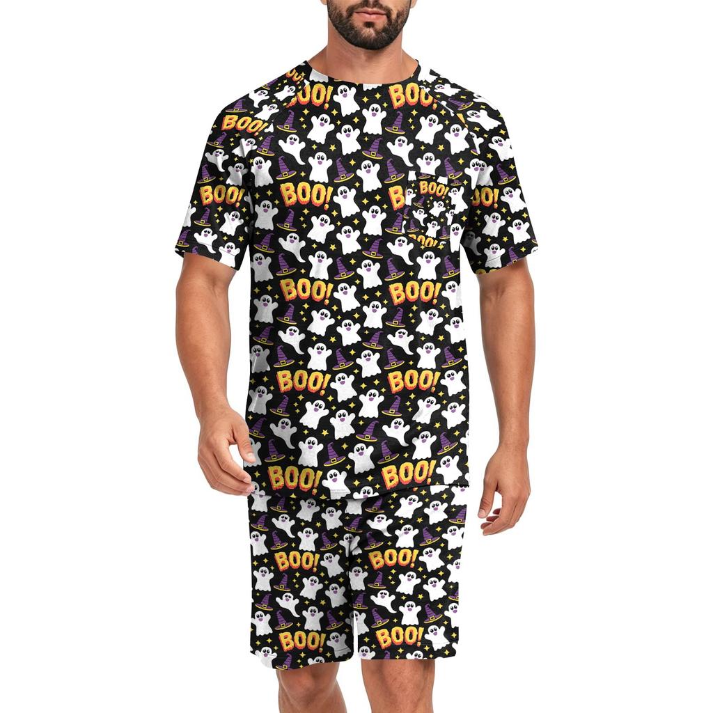 Men's Halloween Casual Lounge Pajama Set Short Sleeve Top and Shorts Comfortable Fit Lightweight Soft Fabric Relaxed Style