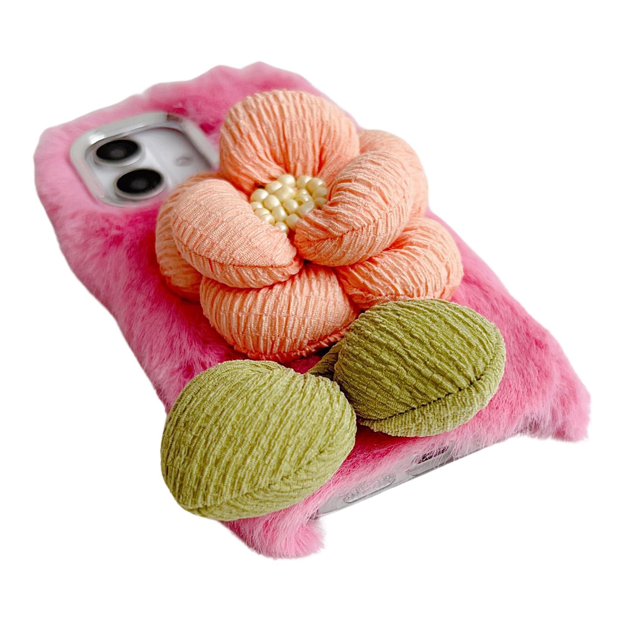 

For iPhone 16 Plush Phone Case 3D Flower Decor Fluffy TPU Back Cover Beige