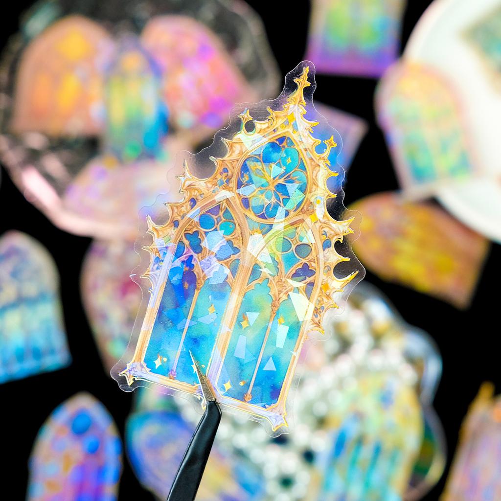 30 Sheets Bronzing Cathedral Theme Transparent Pet Stickers Creative Design Diy Material Decoration