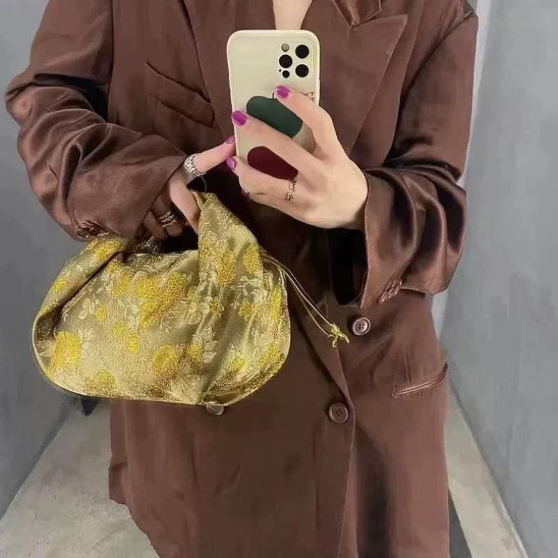 Gold Patterned Women's Handbag 2025 New Design Pleated Cloud Bag Fashion Satin Dumpling Bag