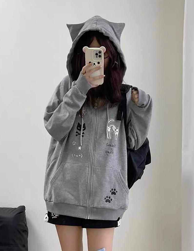 Hoodie with Cat Ear Long Sleeve Loose Harajuku Schoolgirl Mori Korean Plus Sizes Subculture Winter Women's Zip-Up Print, Pullover, Fit, Style, Style,