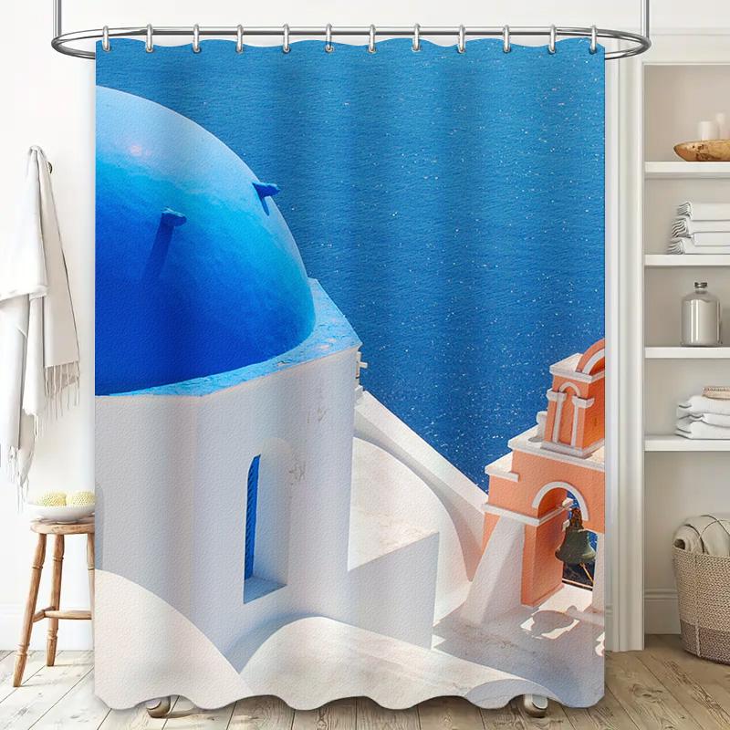 Island Escape: Santorini-Inspired Shower Curtain For A Serene And Mediterranean Bathroom Dcor