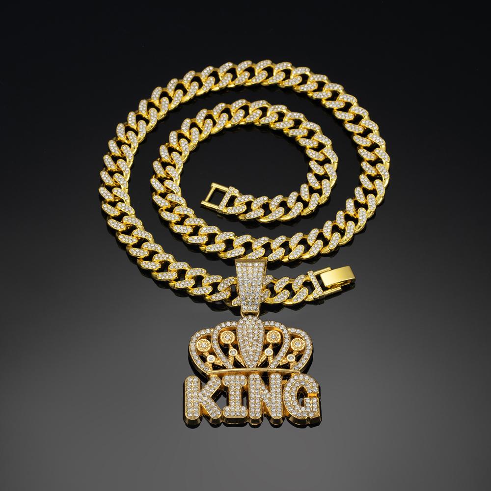 Collar con colgante de letra KING de corona de Hip Hop para hombre con cadena cubana Miami de 13 mm Iced Out Bling Collares HipHop Joyería de moda para mujer