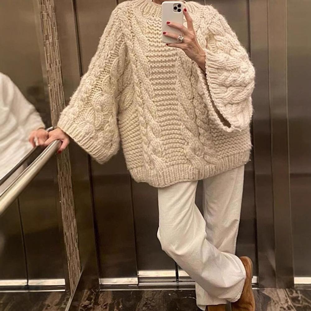 Crew Neck Wide Sleeve Sweater Loose Lazy Versatile Solid Color Fashion Temperament Versatile Knitted Top Women