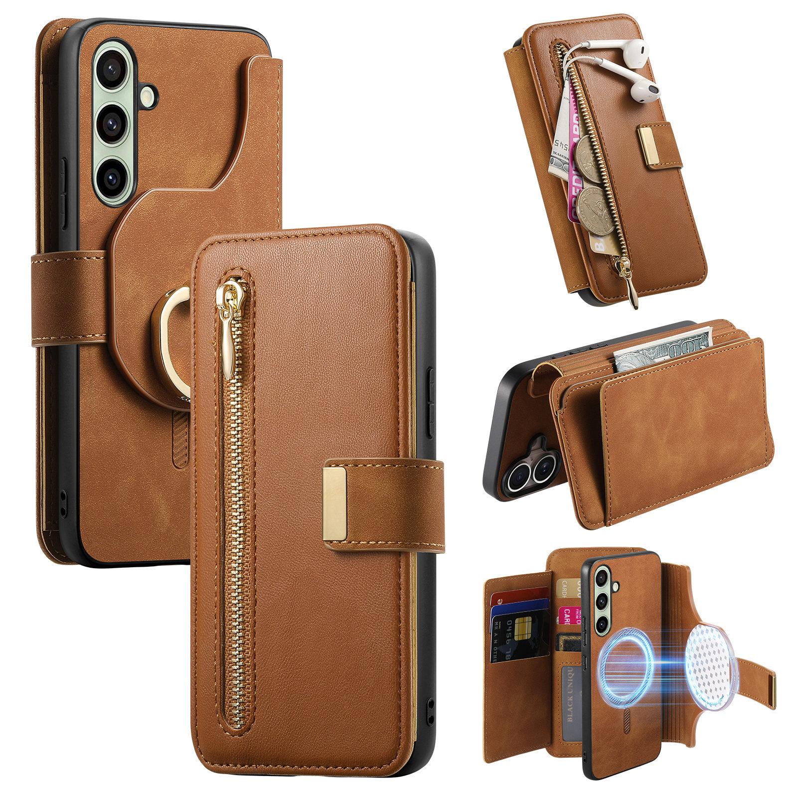 

For Samsung Galaxy A15 5G/Galaxy A15 4G Magnetic Leather Case with Detachable RFID Blocking Zipper Wallet Cover Brown