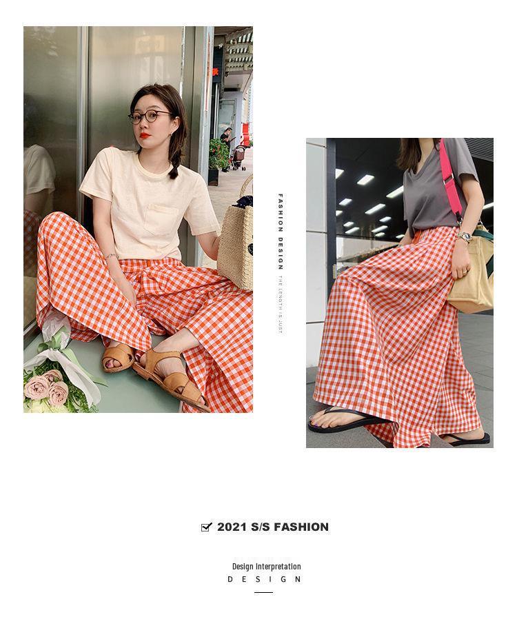 Damen Karomuster Baumwoll-Leinen Weitbein Hose - Elastischer Bund, Slim Fit, Lässiger Lockerer Schnitt