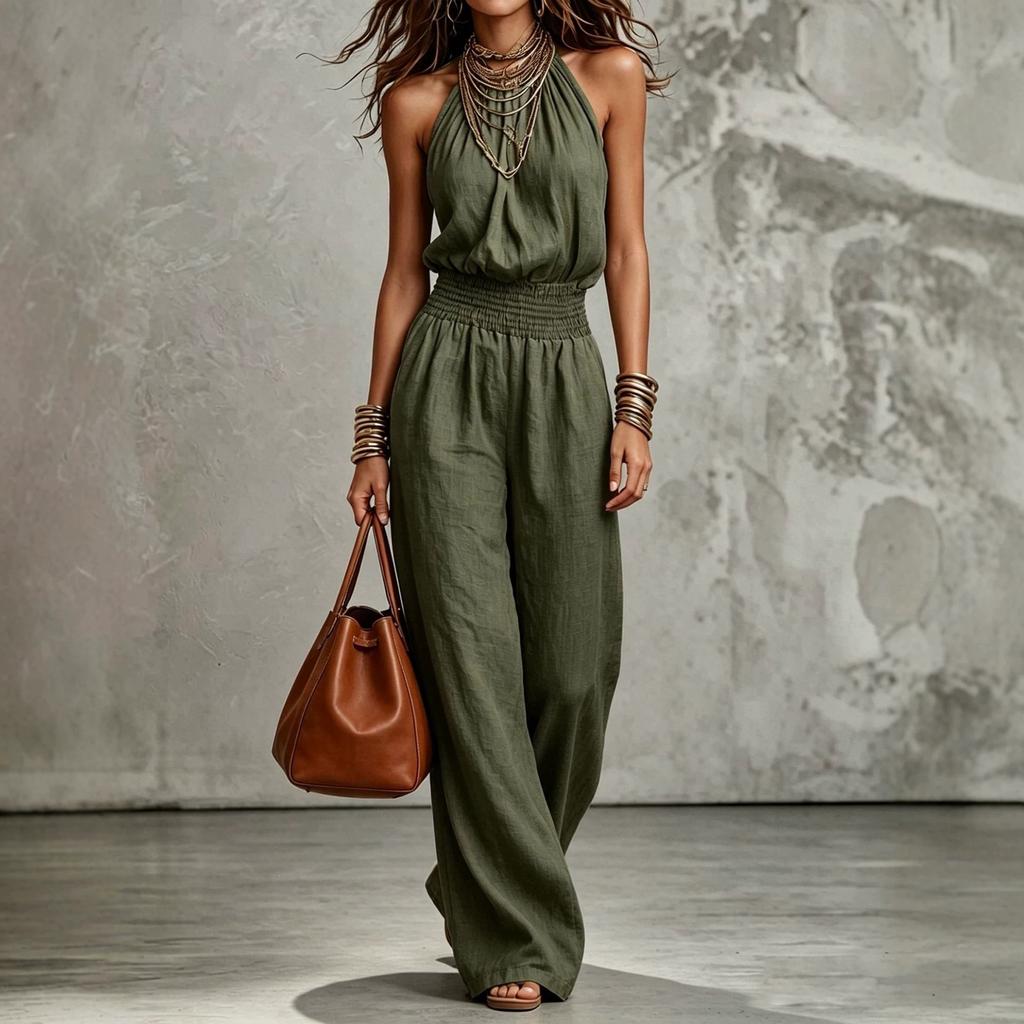 Mono de mujer con cuello halter sin mangas, cintura elástica, pierna ancha, casual de verano, color liso