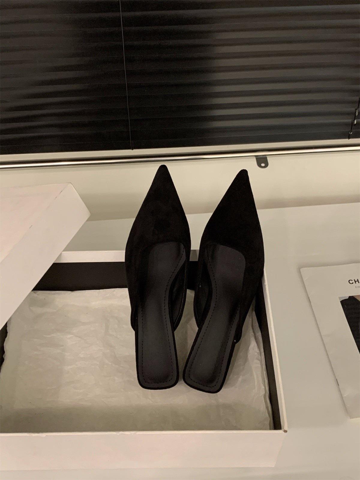 

Французский котенок и леопардовый принт на высоком каблуке, полутапочки с сумкой на голову, женская обувь, весна и осень 2024, замшевые полутапочки, одинарные туфли 34 чёрный