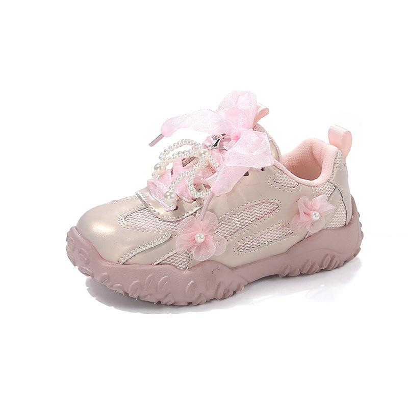 Girls Princess Sports Shoes Non-slip Flowers Mesh Lace Bow Kids Running Shoes Breathable 2025 New Children Casual Shoes Sweet