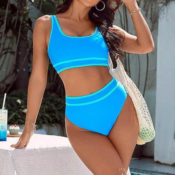 Bikini de Color Sólido de Cintura Alta para Mujer Traje de Dos Piezas Ropa de Playa Multicolor