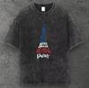 Mens Eiffel Tower Oversized Cotton T Shirt Washed Black Y2K Streetwear S-4XL