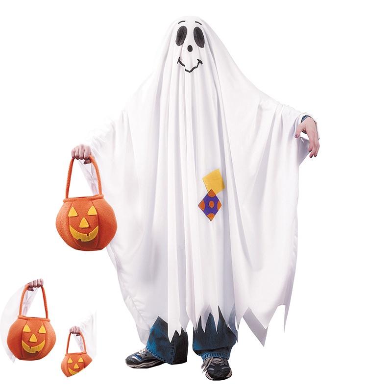 Spooky Halloween Ghost Cosplay Costume With Pumpkin Candy Bag For Kids