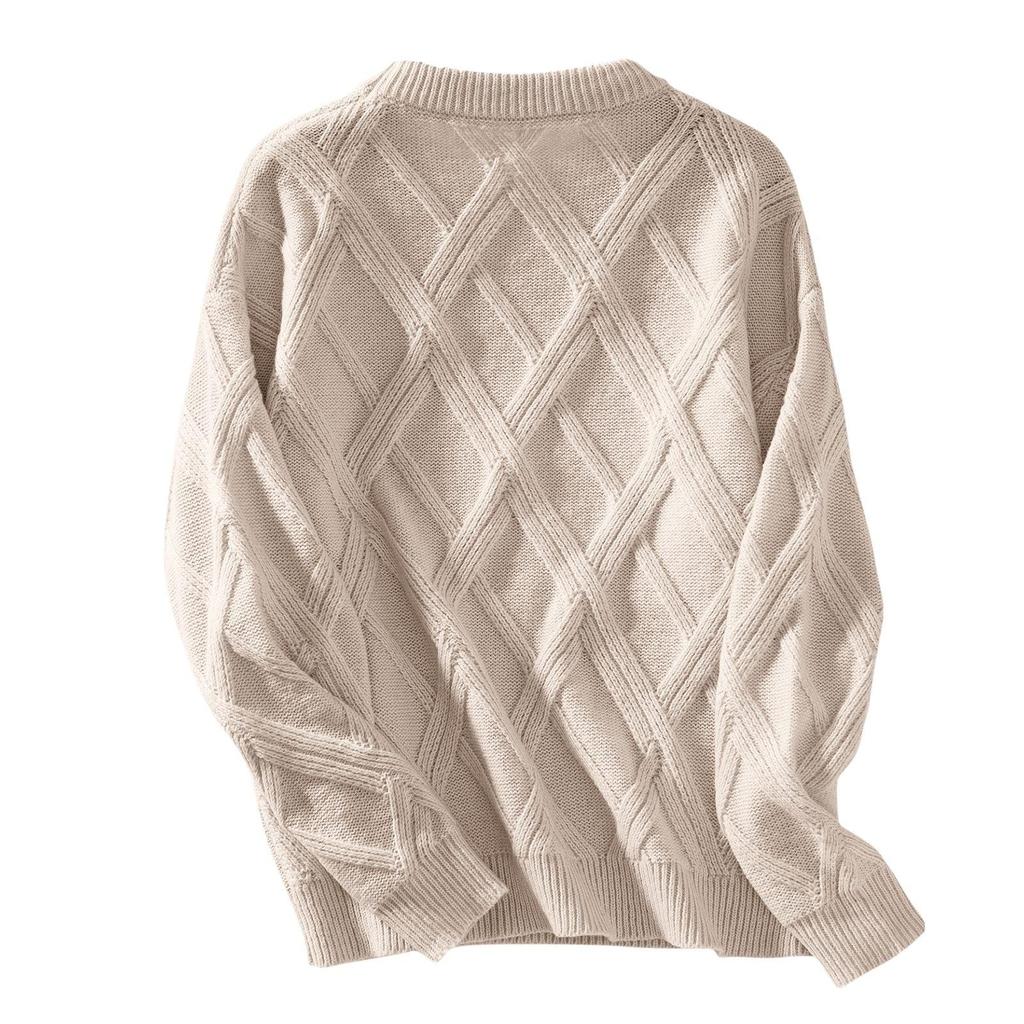 Women's Loose Round-Neck Pullover Diamond Textured Knitted Sweater Long Sleeved Tops