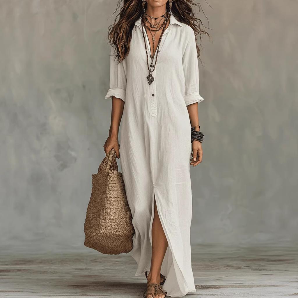 Damen Turn-Down-Kragen Dreiviertelarm Maxikleid Locker Mittelhoch Einfarbig Vorne Schlitz Lässig Urlaubs-Sonnenkleid
