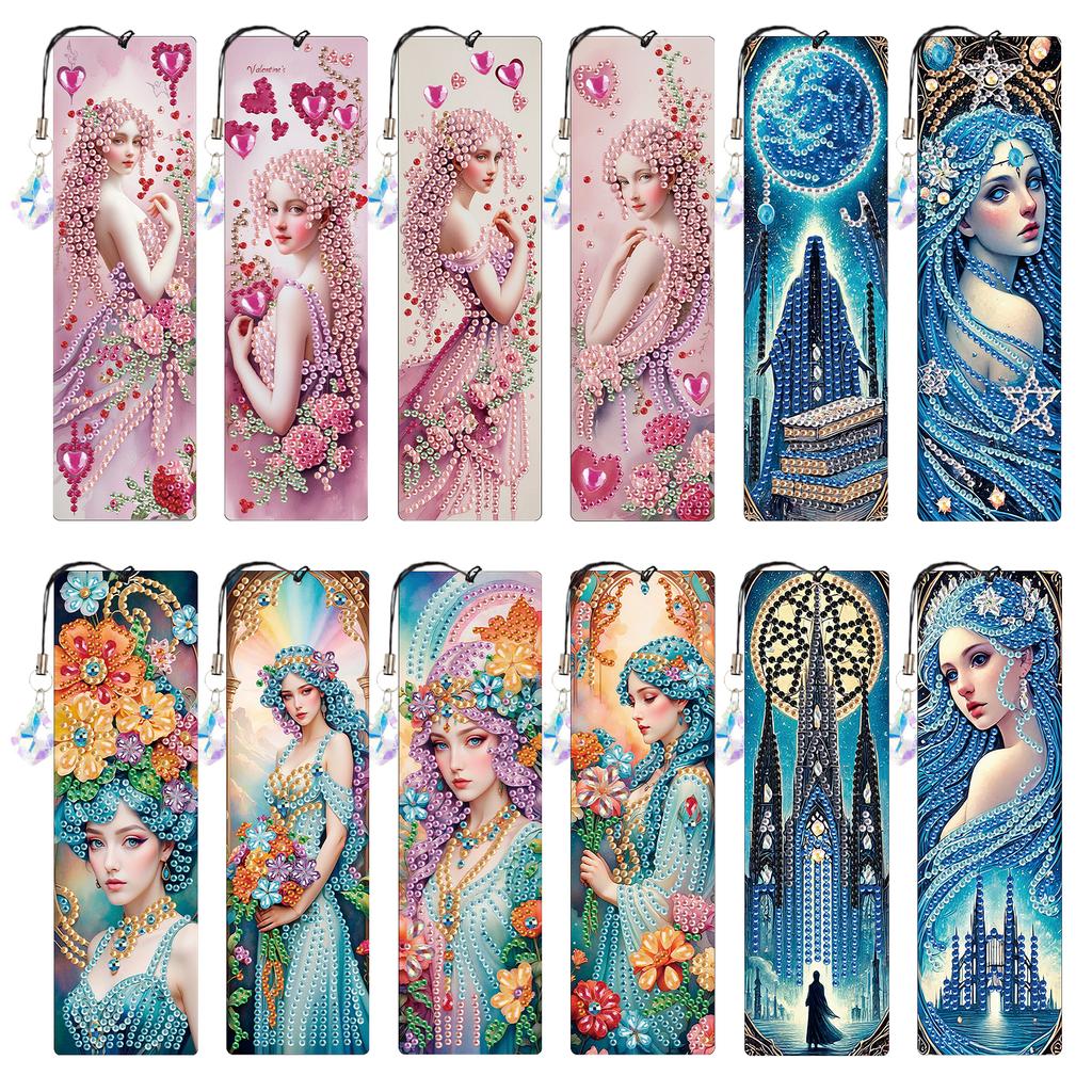 12Pcs DIY Diamond Painting Bookmark with Crystal Pendant Water Diamond Art Bookmark Gift for Book Lovers Mosaic Art Supplies