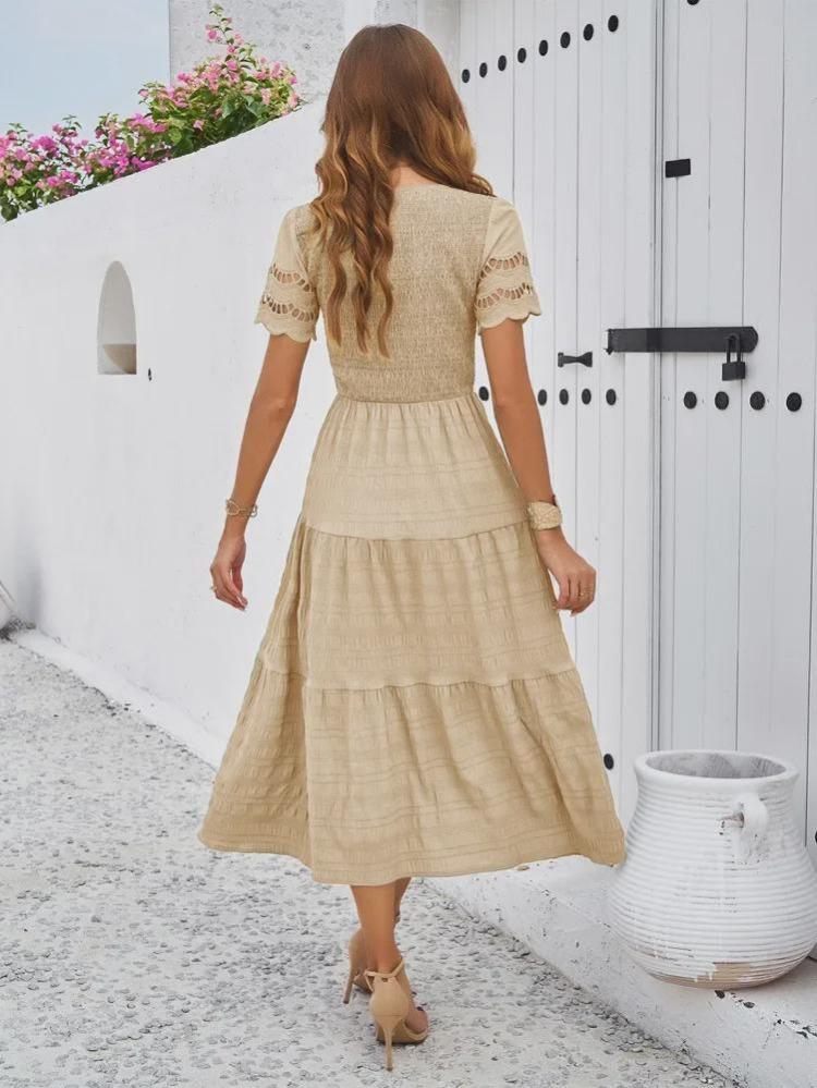 2024 Women Summer V Neck Short Sleeve Solid Color Dress European American Style Diyun Spring Fashion