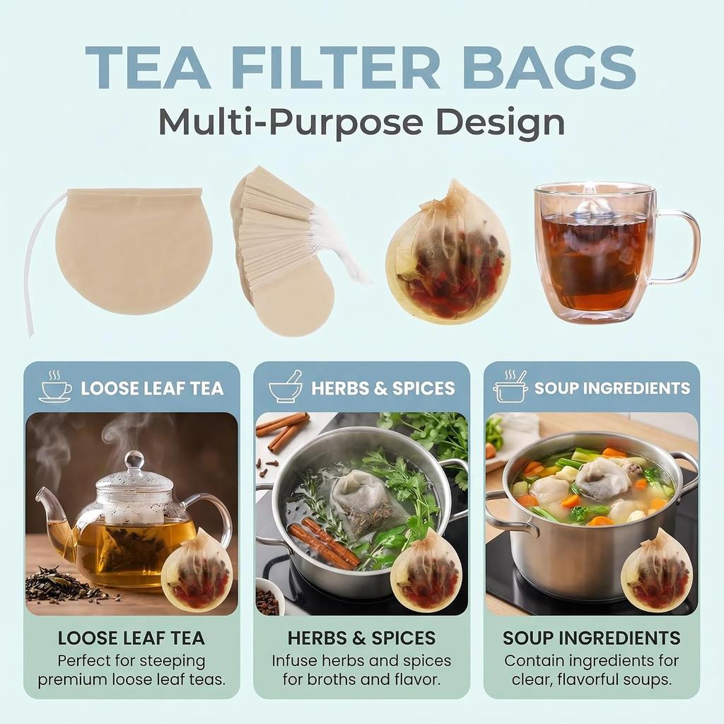 100Pcs Natural Tea Filter Bags, Drawstring Steeping Pouches for Loose Leaf Tea