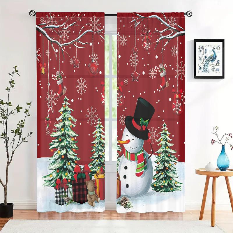 2 pieces, Christmas tree snowman snowflake curtains -30% blackout - suitable for living room, bedroom, kitchen, home decoration