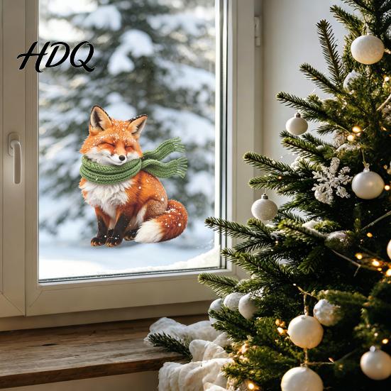 Transparent Window Film Fox Static Cling, Christmas Winter Glass Stickers, PVC Electrostatic Cling Sticker Decal for Home Door & Decoration, Removable