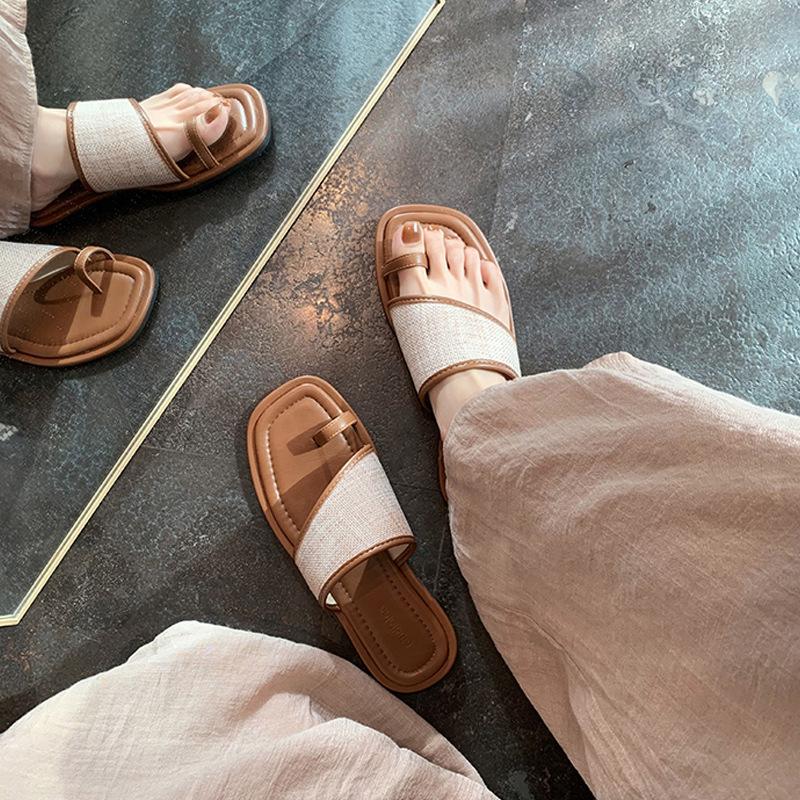 Zapatillas de Cuero Frescas con Tapa Plana en la Punta, Estilo Madre de Uva, de Una Sola Tira, para Mujer, para Vacaciones en la Playa en Verano
