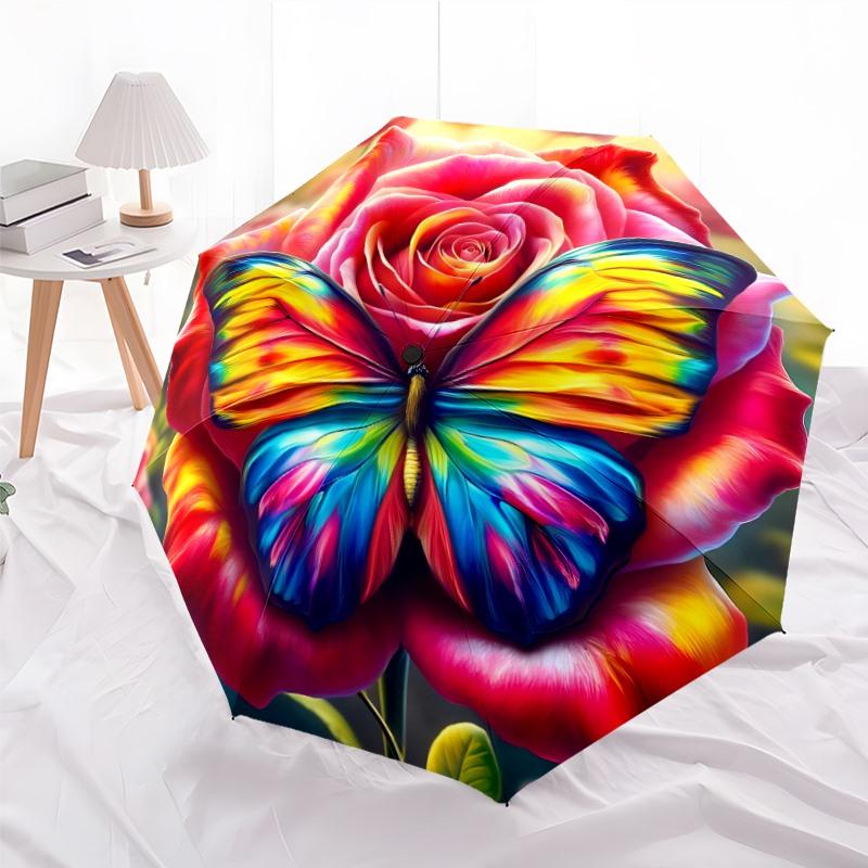 

A Butterfly on a Rose Folding Fishion Umbrella - Fashionable Pattern, 8 Iron Ribs, Plastic Handle, Windproof and Portable Suns Iron&8K