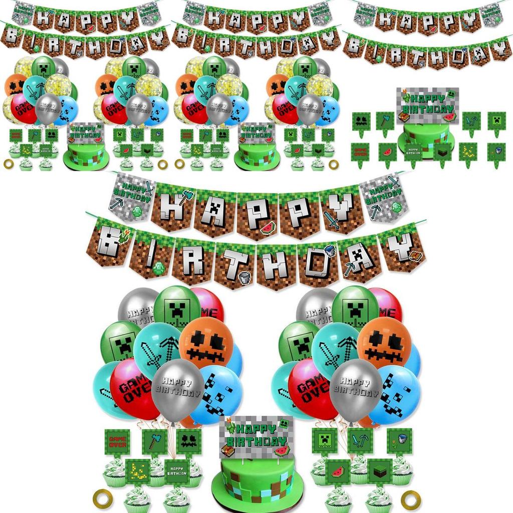 Minecraft Birthday Party Decorations Happy Birthday Set With Balloons And Banner