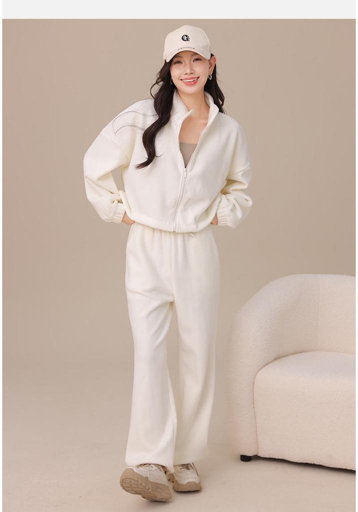 Damen Herbst/Winter Korallenfleece Yoga Set: Zweiseitige Reißverschlussjacke & Warme Weitbeinige Hose