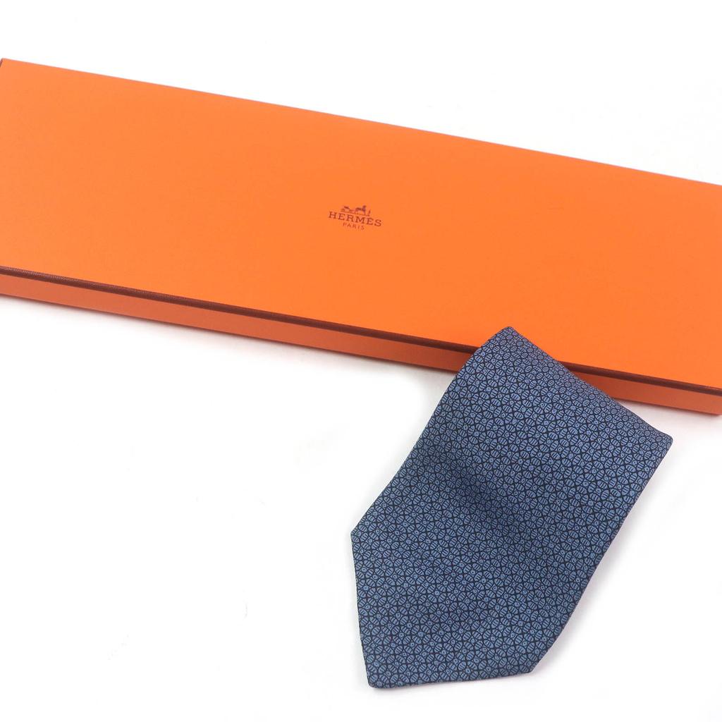 Excellent HERMES Tie Geometric All-over Wide Tie Blue Silk Mens 7695 OA Used