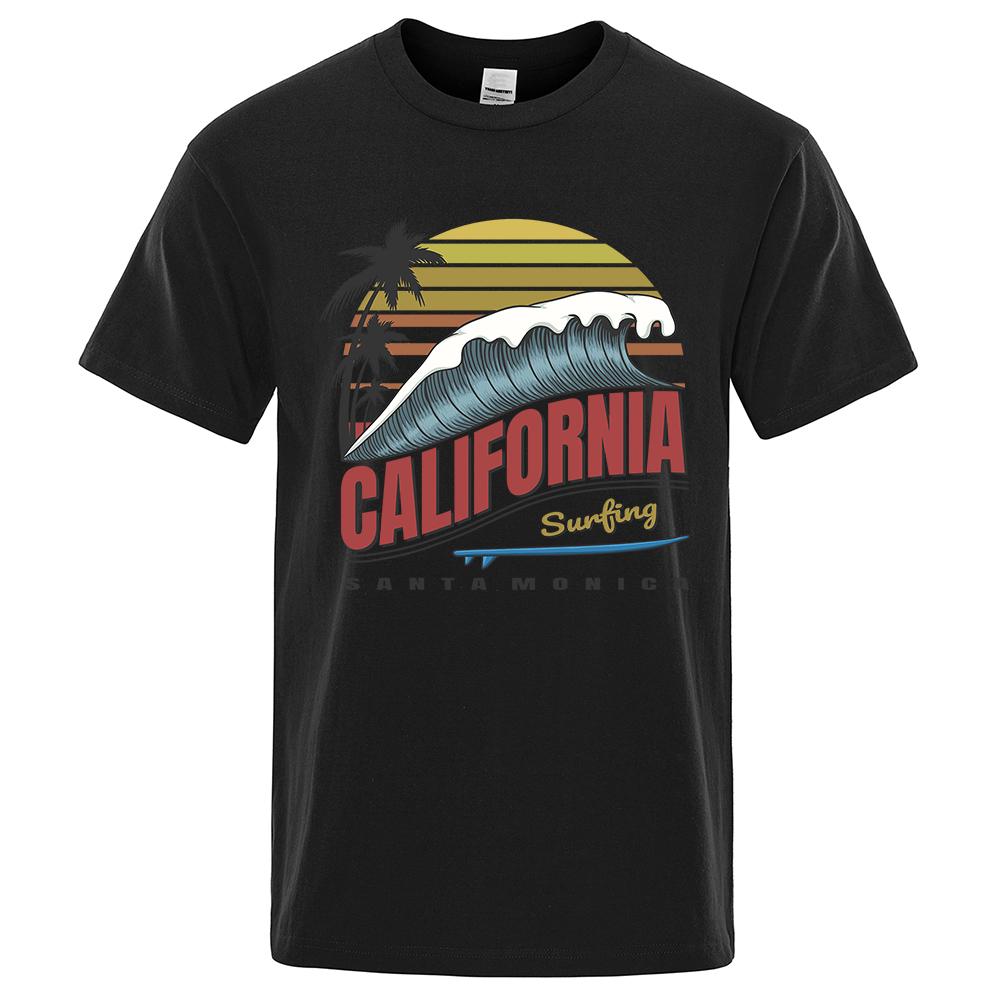California Surfing Santa Monica Beach Printed Clothes Men Breathable Oversize T-Shirt Summer Cotton Tee Clothes Crewneck T-Shirt