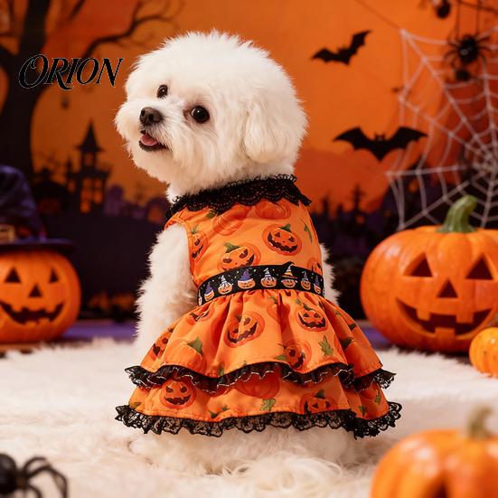 Black Lace Dog Dress Halloween Pumpkin Dress, Neck Outfit, Ruffled Cute Pet Clothes Autumn Festive Party Costume for Small Dogs Holiday