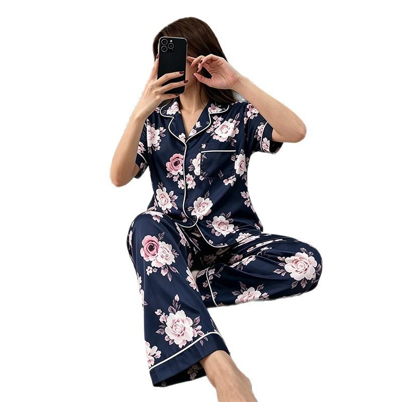 Pajamas women's summer plant print short-sleeved shirt trousers two-piece set women's loungewear pajamas