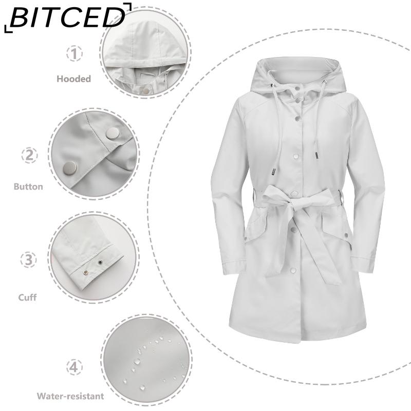 BITCED Women's Spring/Autumn Hooded Water-Resistant Jacket with Belted Waist Lightweight Casual Oversized Trench Coat
