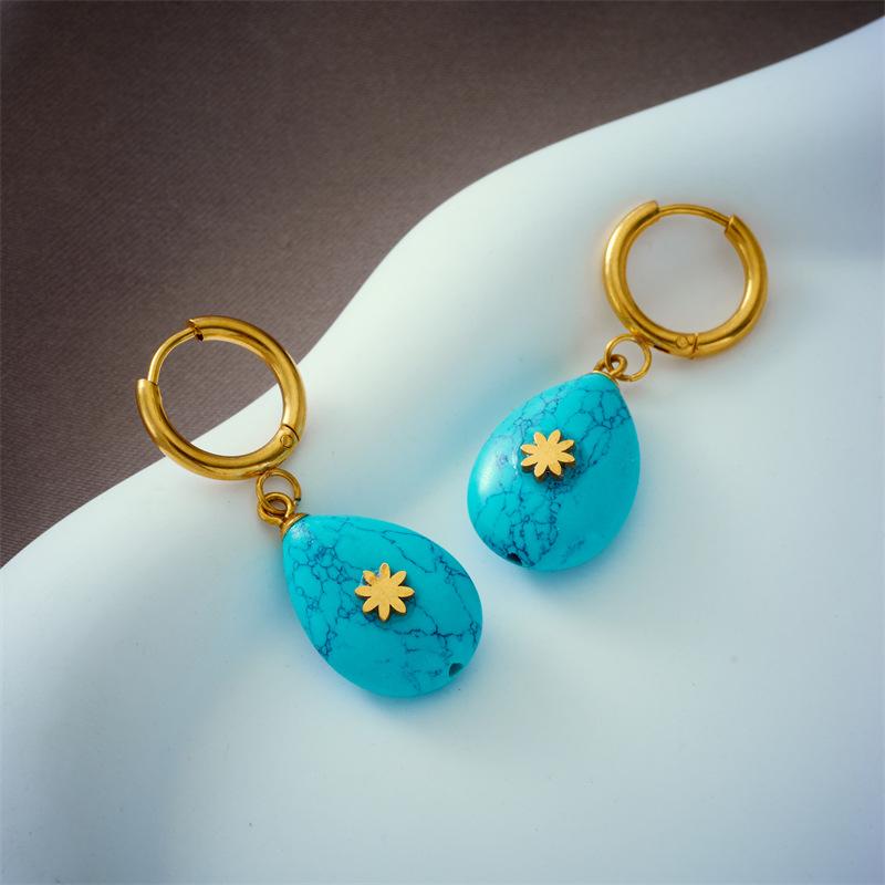 Gold Plated Turquoise Teardrop Drop Hoop Earrings with Flower Accent
