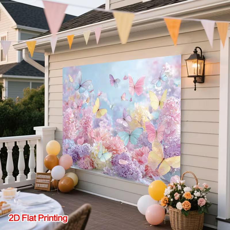 2D Pastel Aesthetic Banner, Hydrangea Garden with Colorful Butterflies