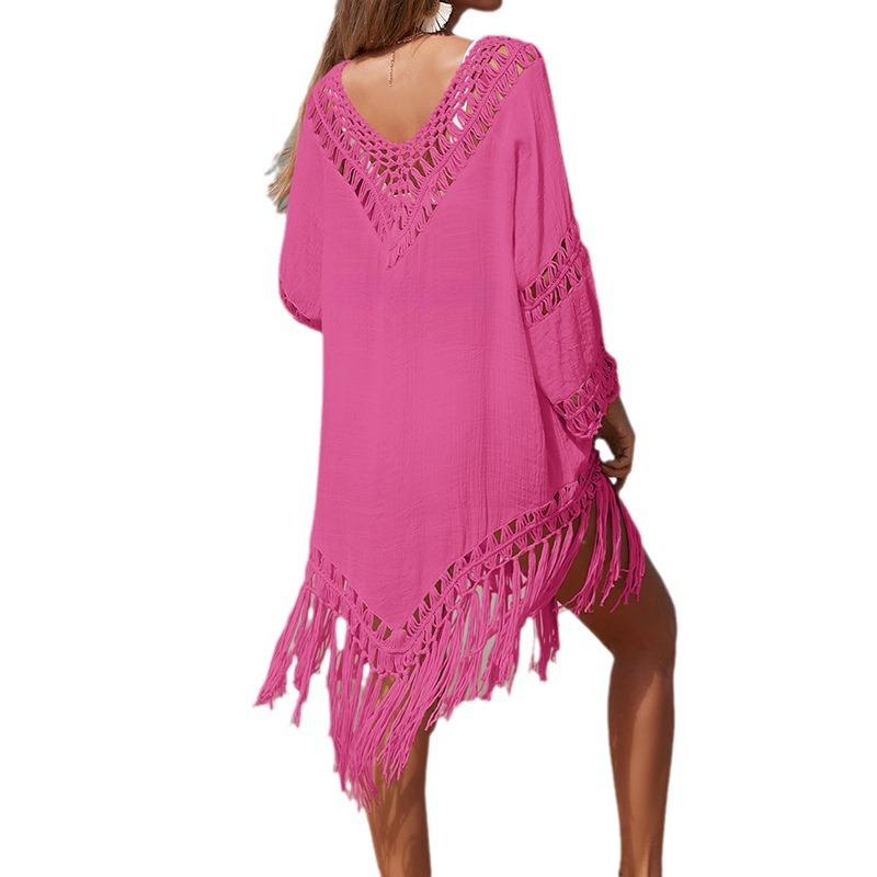 

Летние женские крючки на шее, однотонные, в стиле пэчворк, средней длины, с длинными рукавами, с длинной кисточкой, прозрачные, свободные, солнцезащитный крем, сексуальное пляжное накидка One Size розы красного