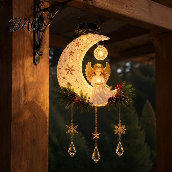 Warm Glow Landscape Lighting Solar Angel Moon Light, Christmas Hanging Lantern with Glow, Resin Festive Holiday Gift for Friends Outdoor Yard