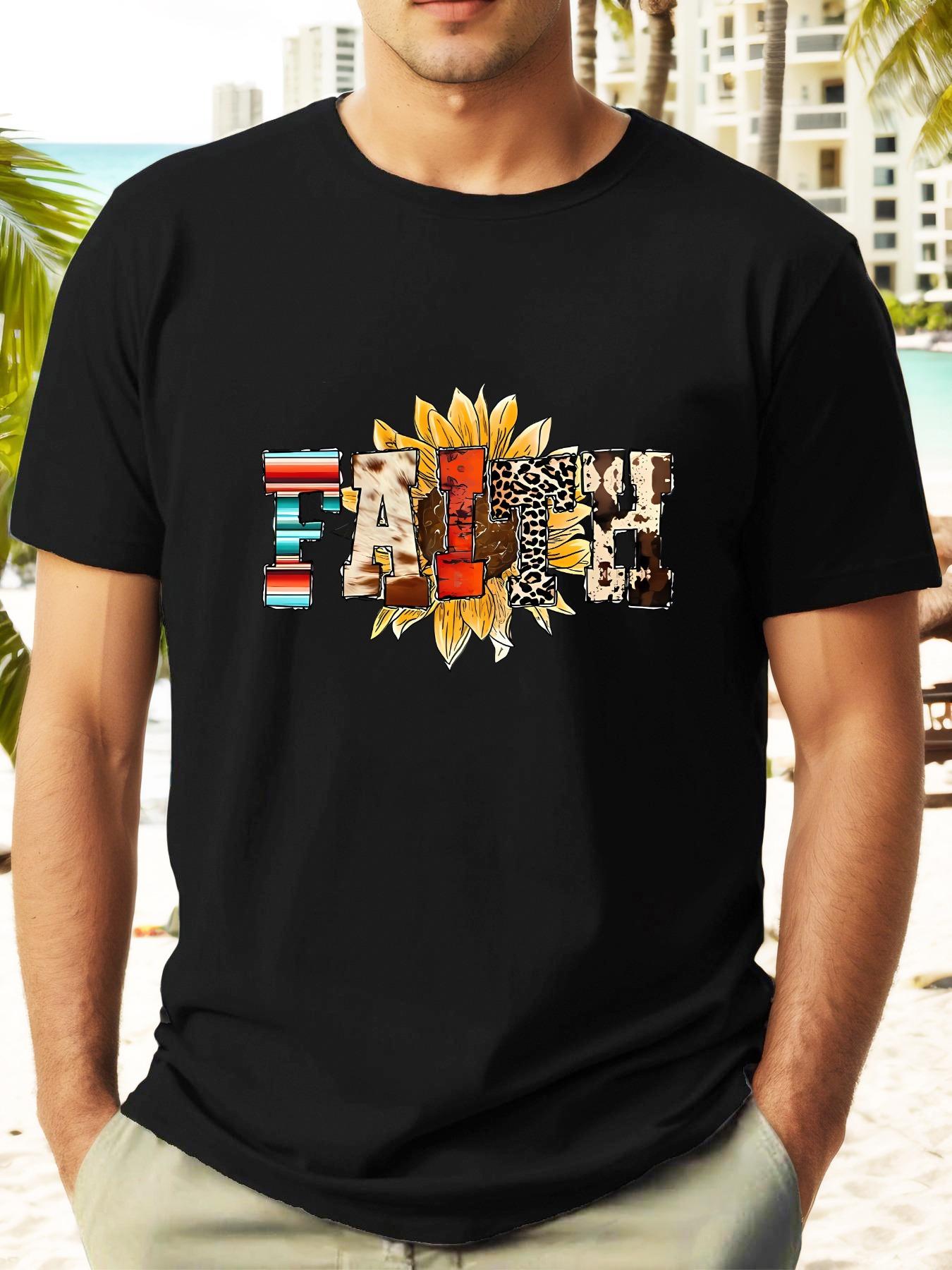 Vibrant Sunflower & Leopard Print FAITH T-shirt - Casual Summer Short Sleeve Tee M