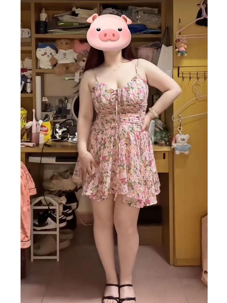 Plus Size French Sweet Floral Suspender Dress for Women Summer Vacation Holiday Beach Short Dresses