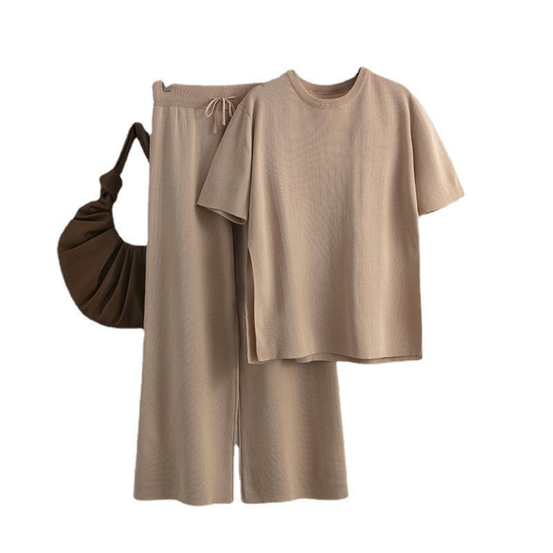 Fashion Knitted Suit Women's Medium and Long Solid Color Loose Split Knitted Sweater + High Waist Lace-up Trousers Two-piece Set