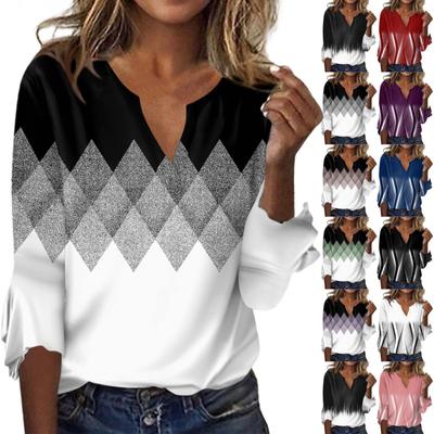 Women's Top Loose Casual V-neck Printed Blouses Bell 3/4 Sleeve T-shirt