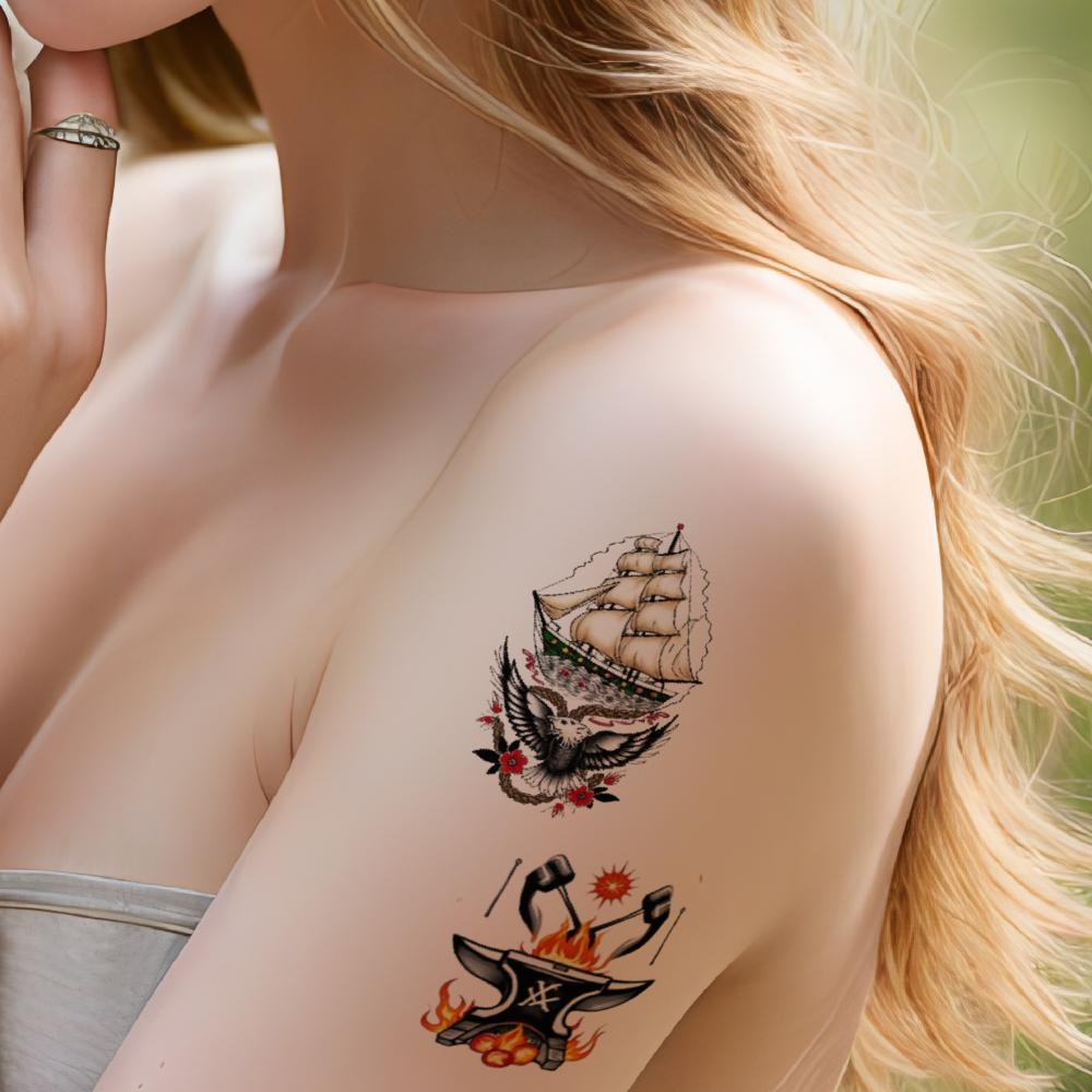 28pcs Temporary Tattoo New School Traditional Nautical Ship Eye With Sunburst Parachute For Shoulders Women Chest