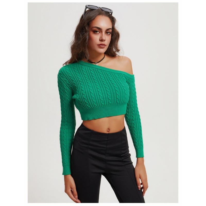 Women's Autumn and Winter Twist Wool Knit Straight Off-the-shoulder Long Sleeve Short Pullover Sweater Top