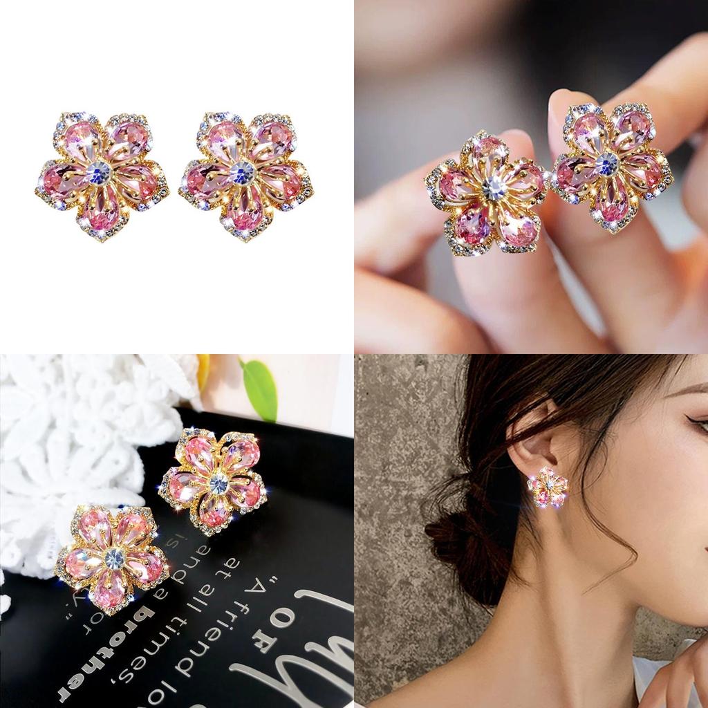 Flower Shaped Zircon Ear Studs With Silver Needle For Gift And Party Wear