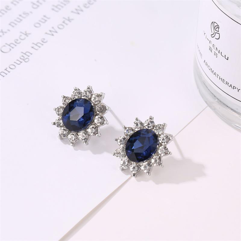 European & American Fashion Jewelry Set: Sunflower Zircon Earrings & Kate Middleton Tanzanite Sapphire Pendant Necklace